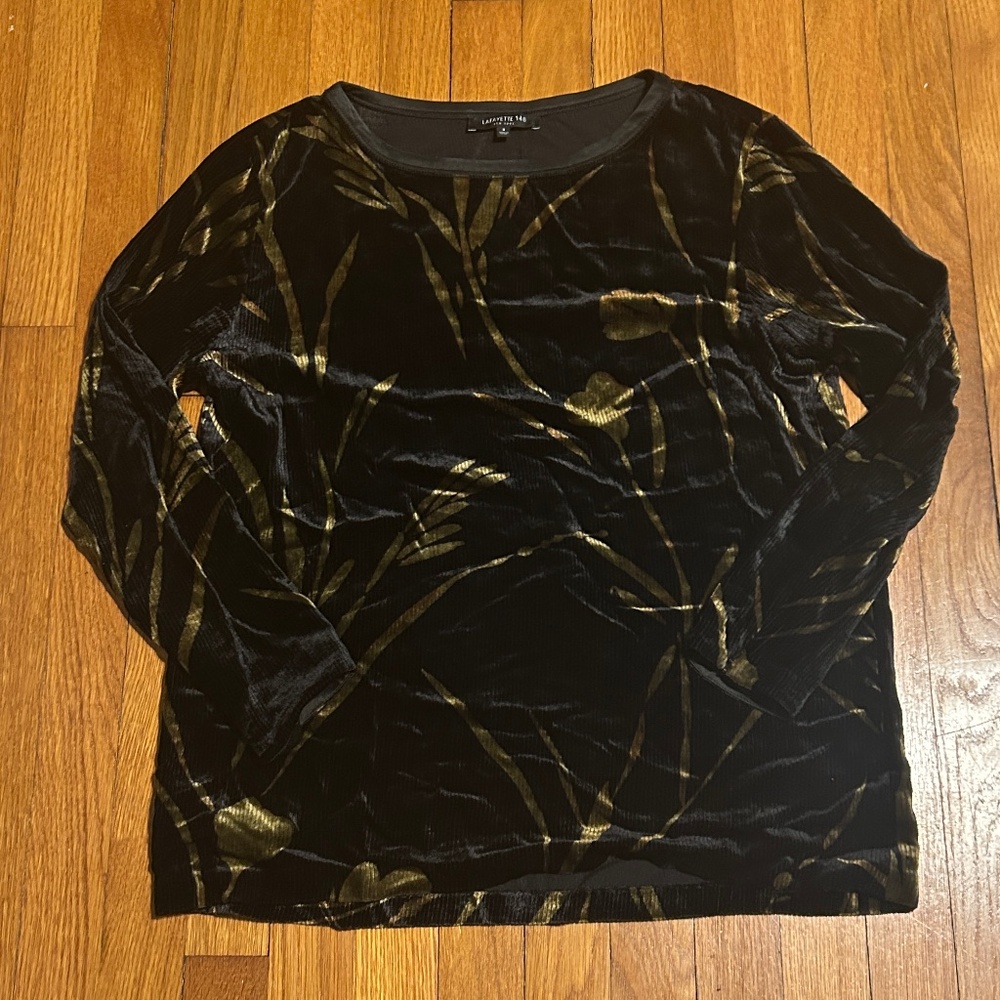 Lafayette 148 Black Velvet Ribbed Top w/ Gold Accents Women’s S